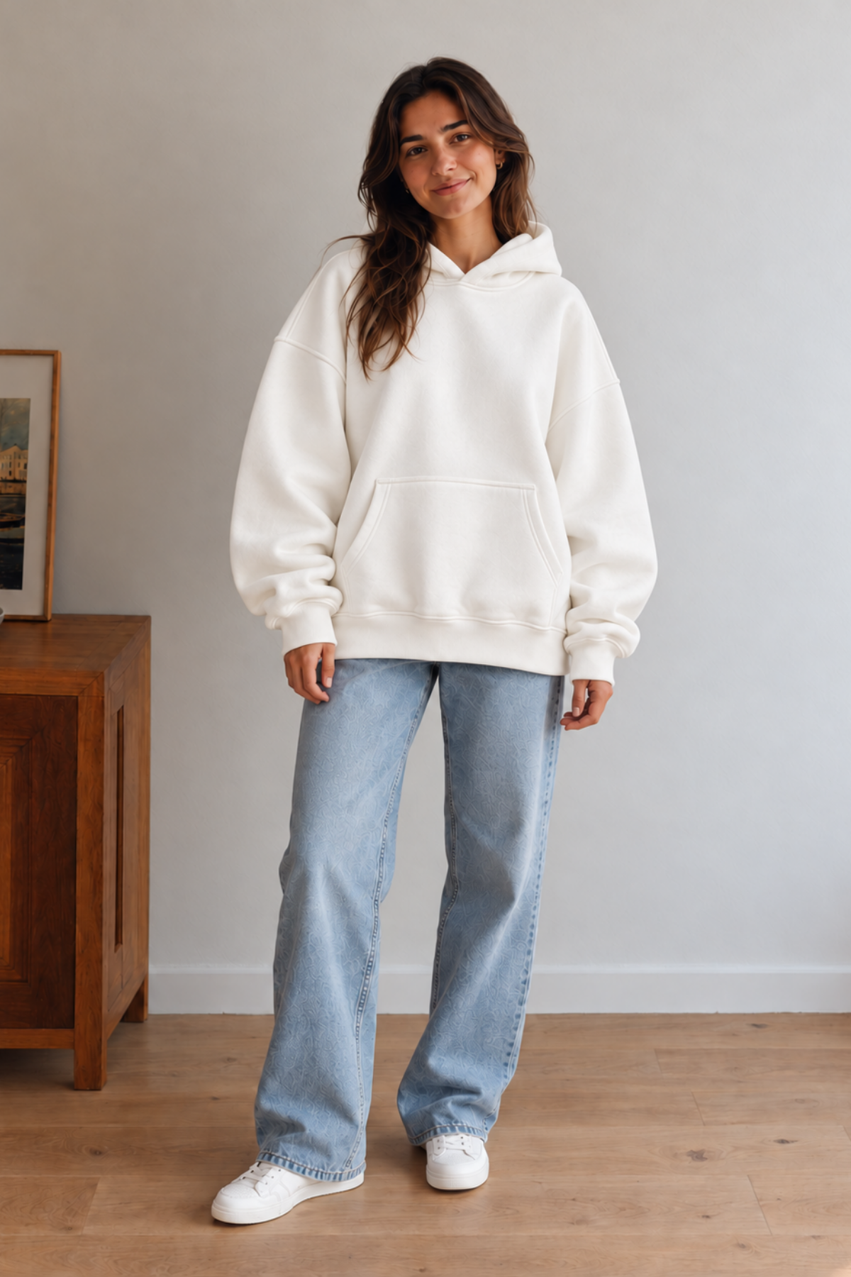 Unisex Oversize Hoodie - Ekru - Görsel 2