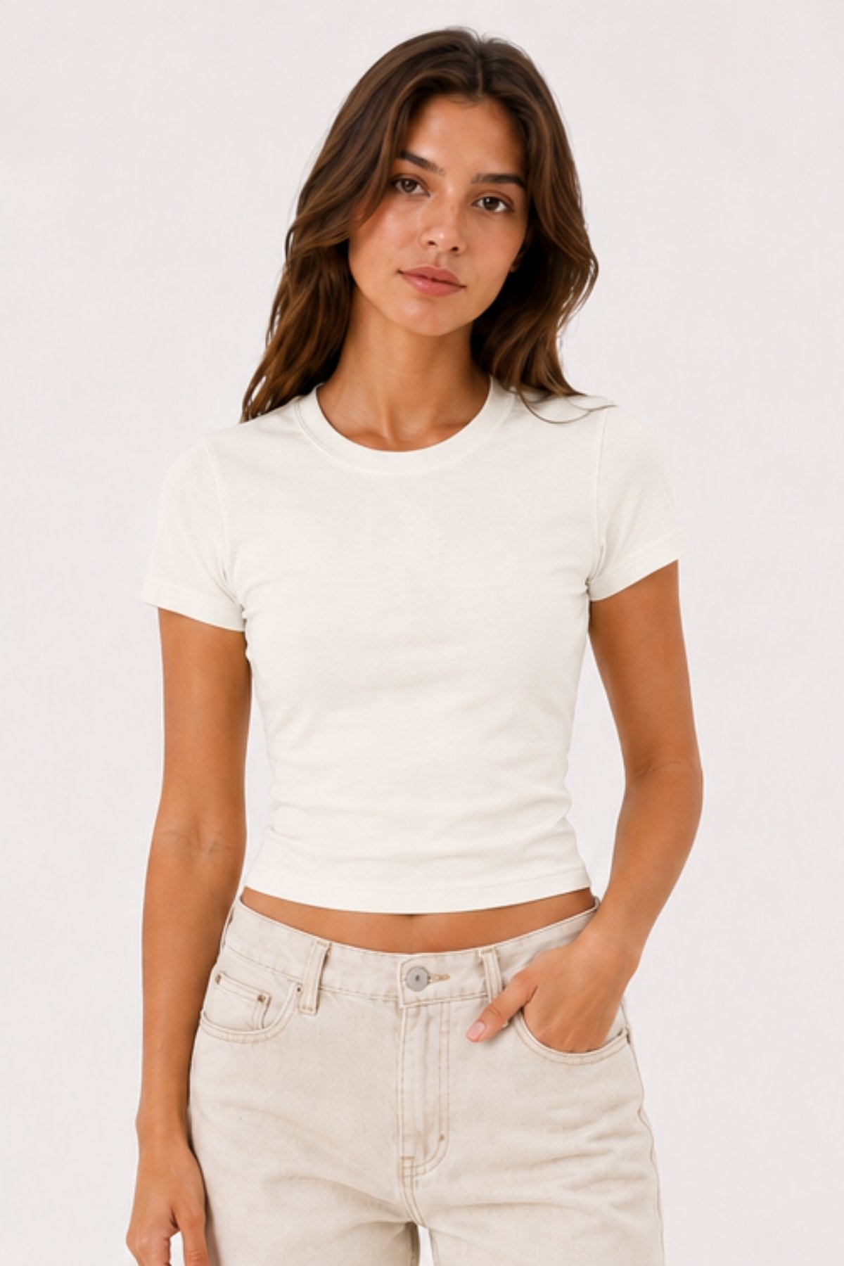 Baby Tee Basic | Düz Crop Tişört - Ekru - Görsel 5