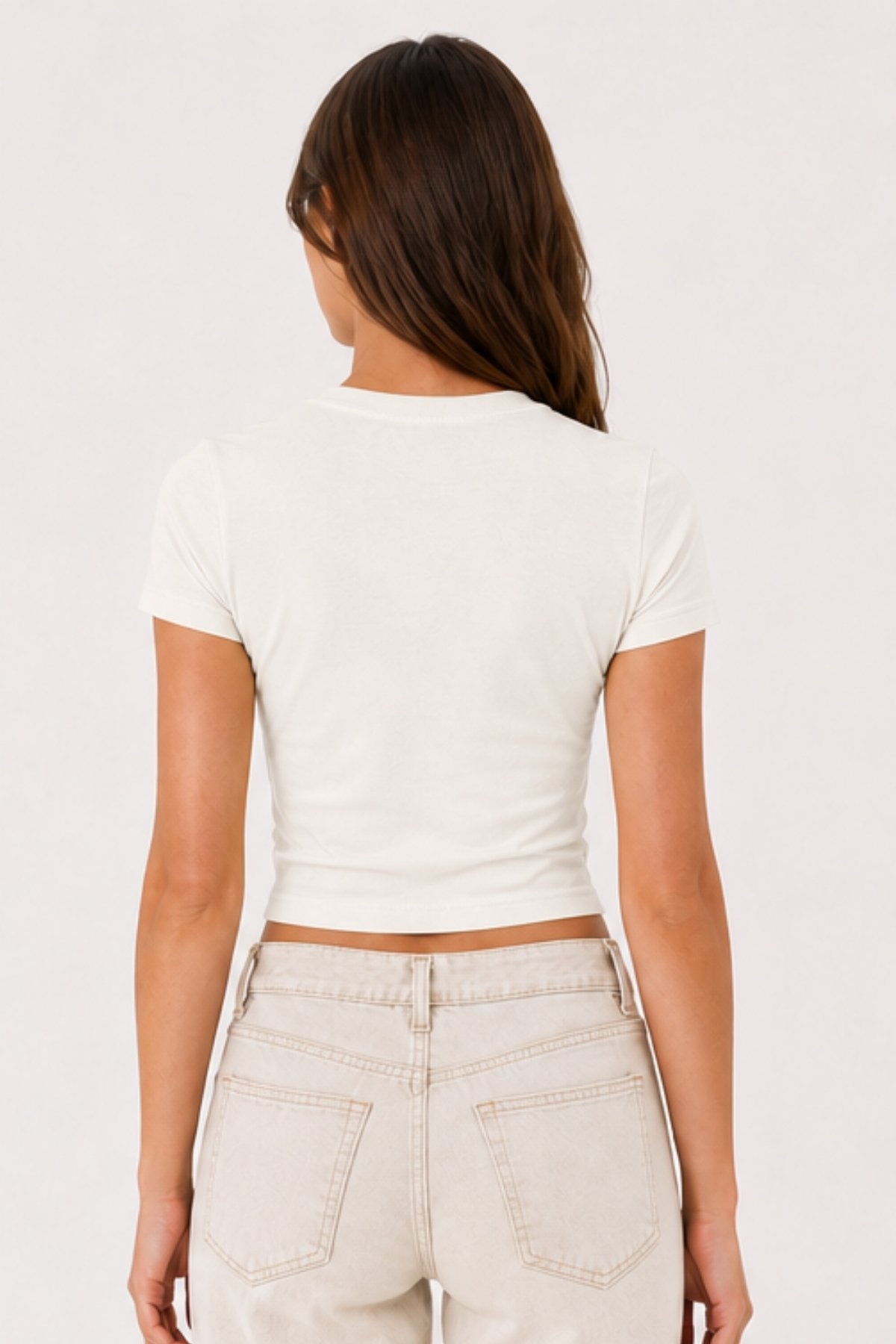 Baby Tee Basic | Düz Crop Tişört - Ekru - Görsel 4