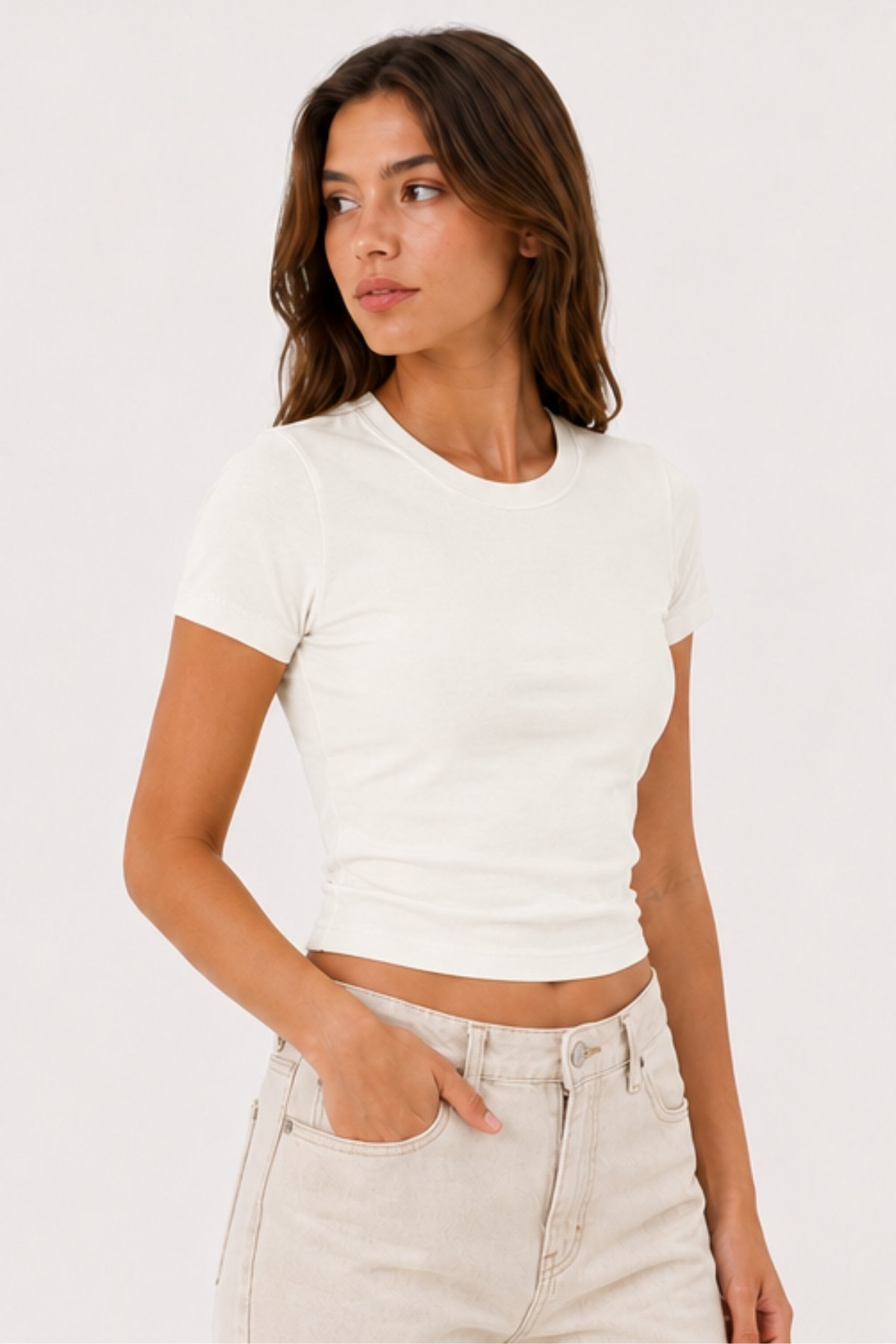 Baby Tee Basic | Düz Crop Tişört - Ekru - Görsel 2