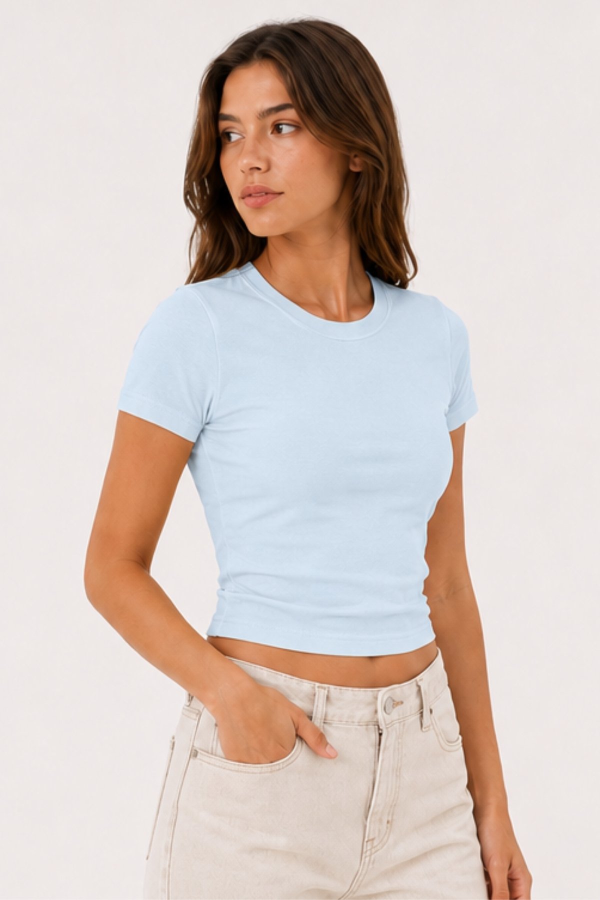 Baby Tee Basic | Düz Crop Tişört - Mavi - Görsel 2