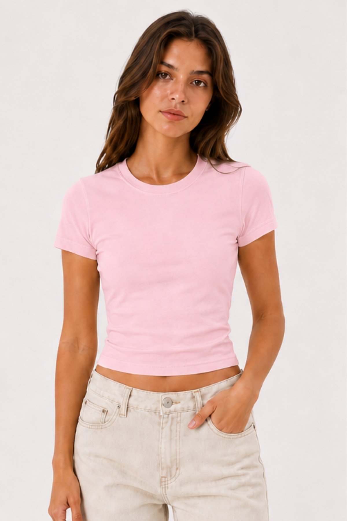 Baby Tee Basic | Düz Crop Tişört - Pembe - Görsel 2