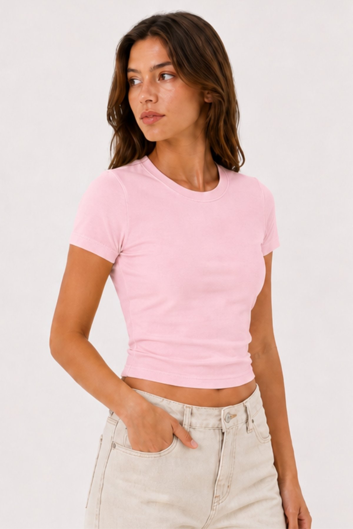 Baby Tee Basic | Düz Crop Tişört - Pembe - Görsel 5