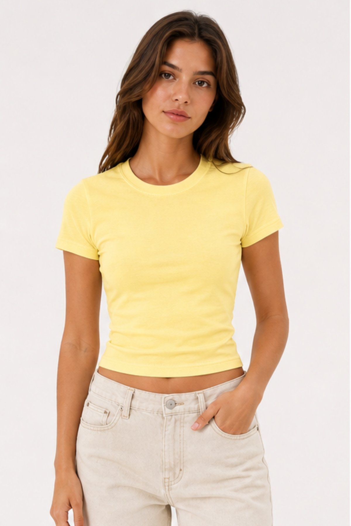 Baby Tee Basic | Düz Crop Tişört - Sarı - Görsel 5