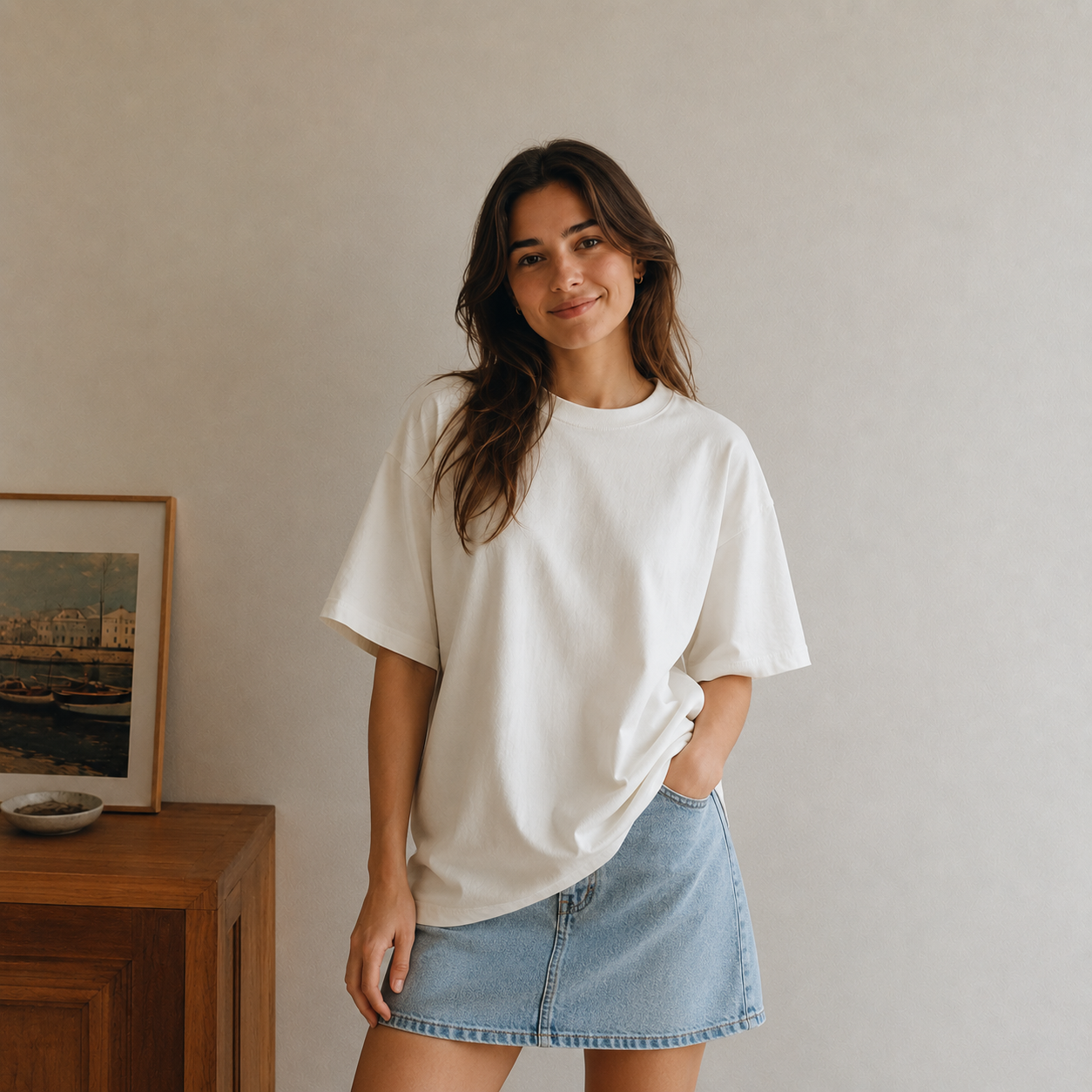 Premium Oversize %100 Pamuk Unisex Tişört 220 Gr Heavyweight - Ekru - Görsel 2