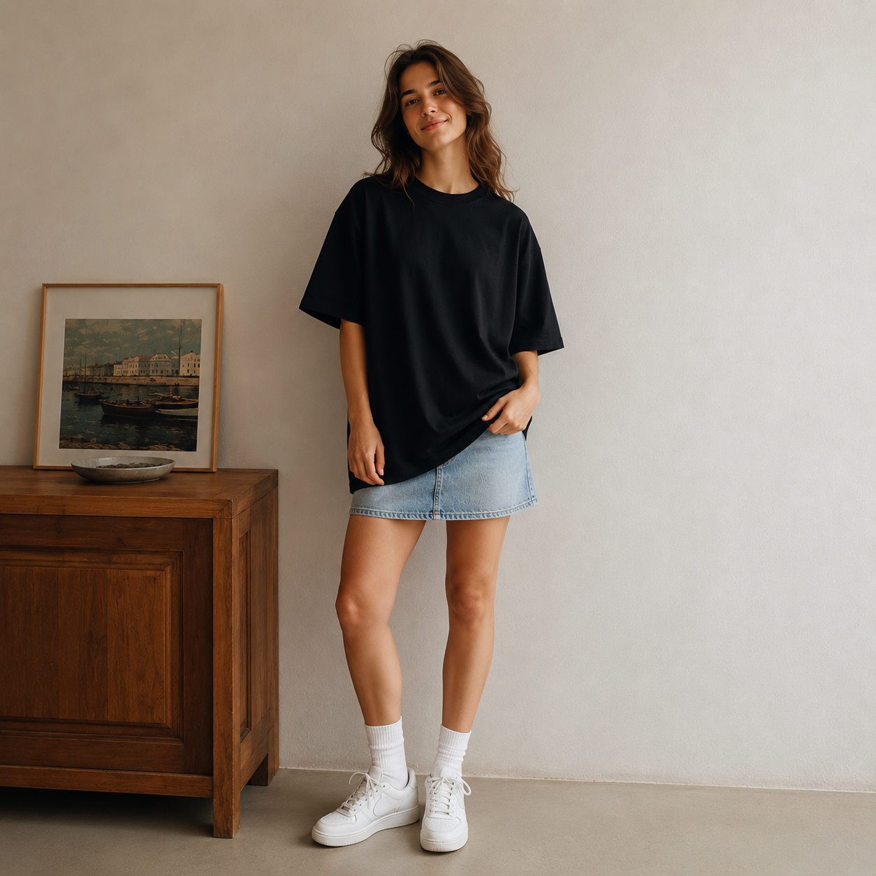 Premium Oversize %100 Pamuk Unisex Tişört 220 Gr Heavyweight - Siyah - Görsel 3